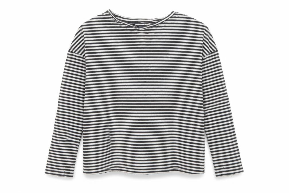 Front view of Next girls’ grey striped cotton basic t-shirt, size 9, years round neck