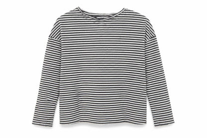 Front view of Next girls’ grey striped cotton basic t-shirt, size 9, years round neck