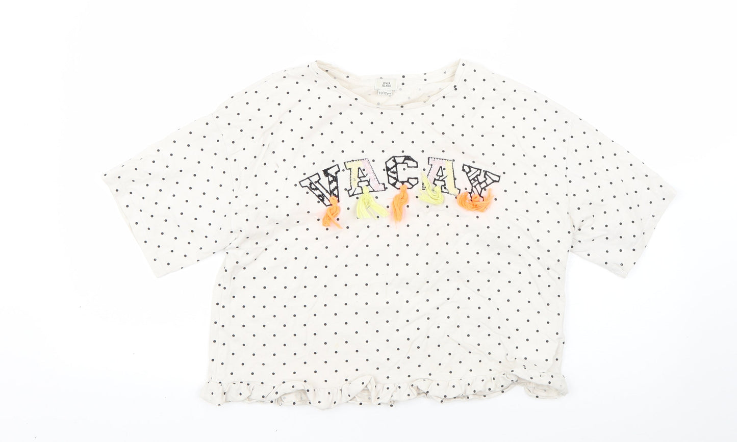 River Island Girls White Polka Dot Cotton Basic T-Shirt Size 11-12 Years Round Neck