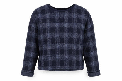Front view of Topshop women’s blue plaid wool pullover sweatshirt, size UK 14