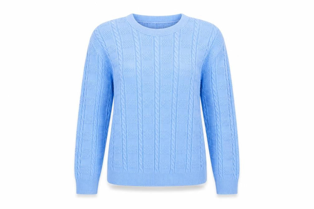 Front view of NEW CHOICE women’s blue acrylic pullover sweatshirt, size M