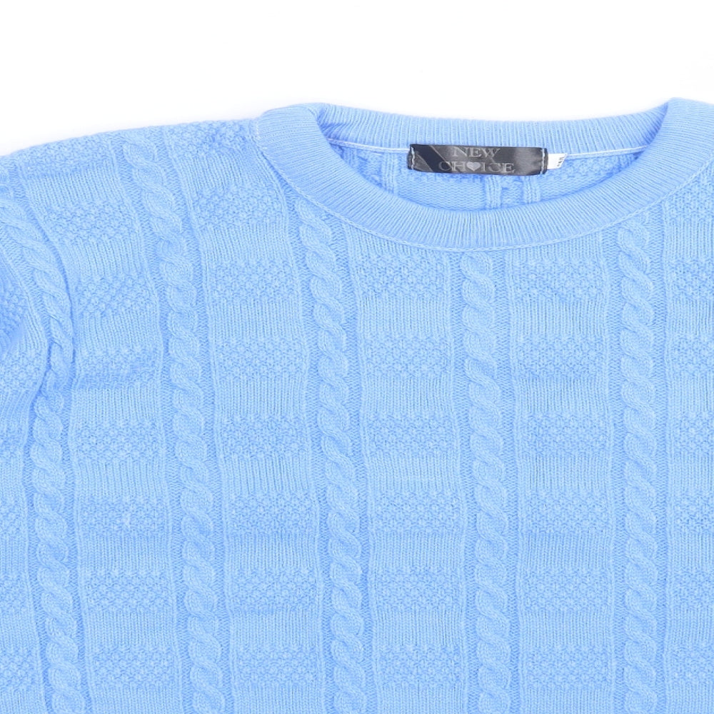 Close-up detail of NEW CHOICE women’s blue acrylic pullover sweatshirt, size M