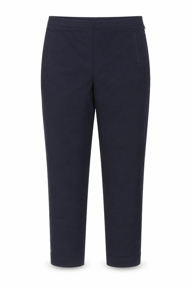 Front view of Next women’s blue cotton carrot trousers, size UK 12, 28-inch leg regular
