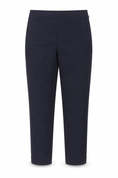 Front view of Next women’s blue cotton carrot trousers, size UK 12, 28-inch leg regular