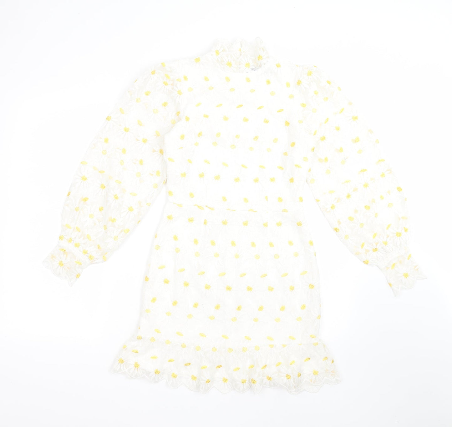 Boohoo Womens White Floral Polyester Fit & Flare  Size 6  Mock Neck