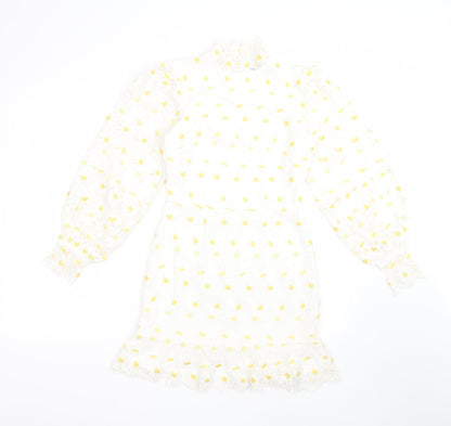 Boohoo Womens White Floral Polyester Fit & Flare  Size 6  Mock Neck