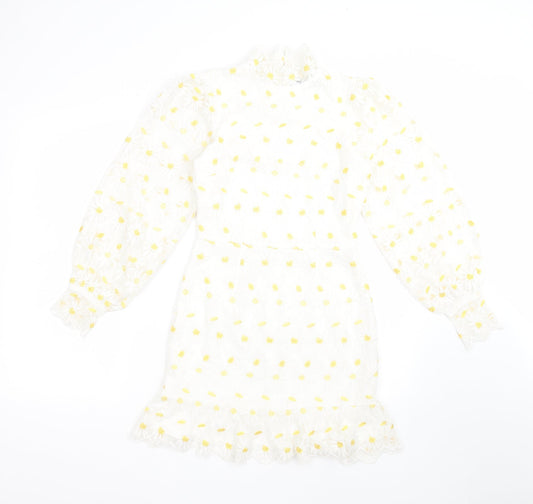 Boohoo Womens White Floral Polyester Fit & Flare  Size 6  Mock Neck