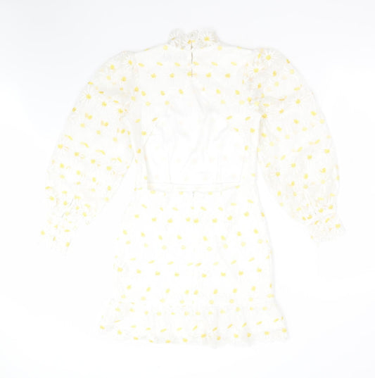 Boohoo Womens White Floral Polyester Fit & Flare  Size 6  Mock Neck