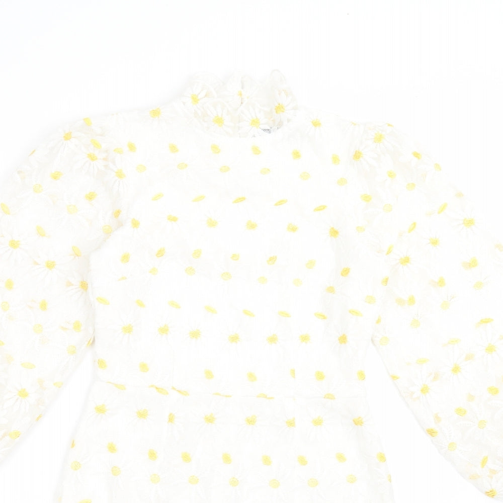 Boohoo Womens White Floral Polyester Fit & Flare  Size 6  Mock Neck