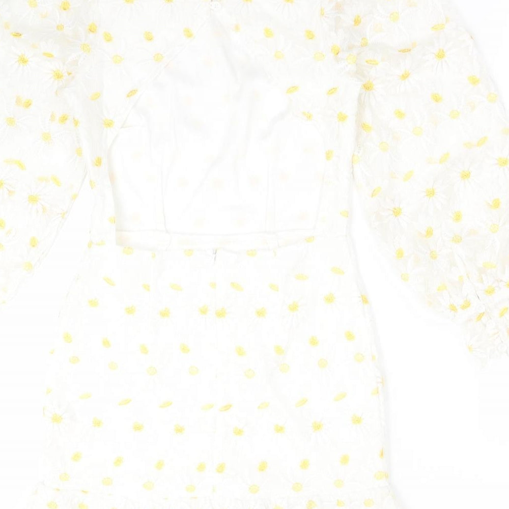 Boohoo Womens White Floral Polyester Fit & Flare  Size 6  Mock Neck