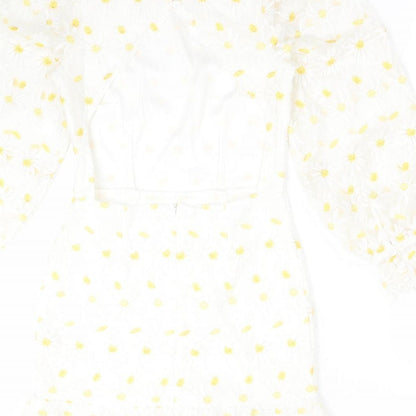 Boohoo Womens White Floral Polyester Fit & Flare  Size 6  Mock Neck