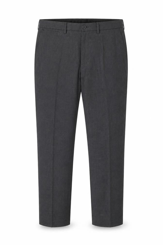 Front view of Cedarwood State men’s grey houndstooth polyester trousers, size 34, in, 27-inch leg slim