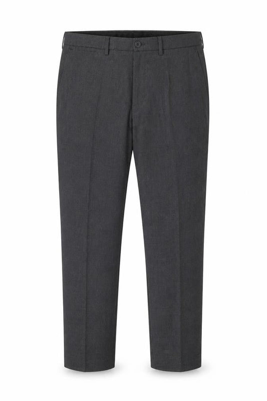 Front view of Cedarwood State men’s grey houndstooth polyester trousers, size 34, in, 27-inch leg slim