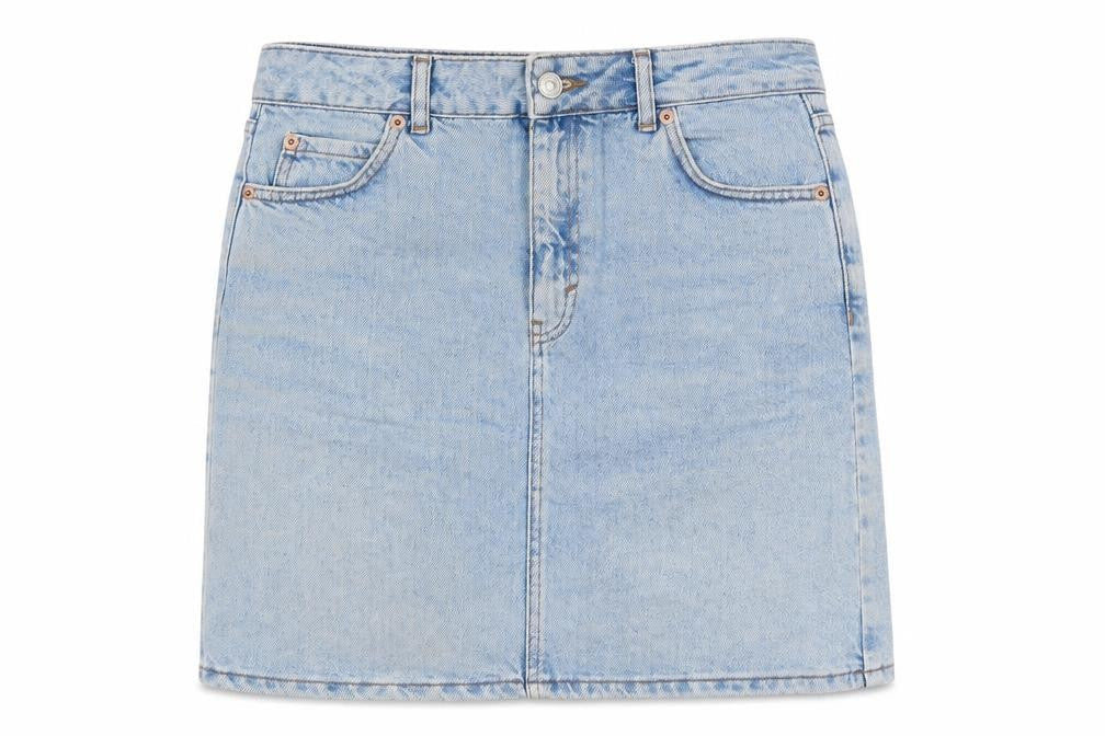 Front view of Topshop women’s blue cotton straight & pencil skirt, size UK 26, in