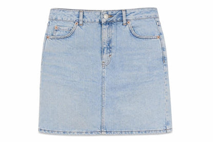 Front view of Topshop women’s blue cotton straight & pencil skirt, size UK 26, in
