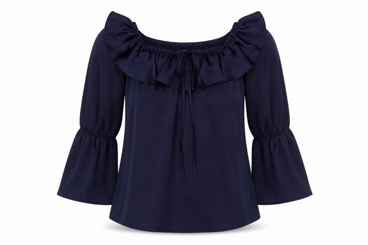 Front view of Peacocks women’s blue polyester basic blouse, size UK 10, boat neck