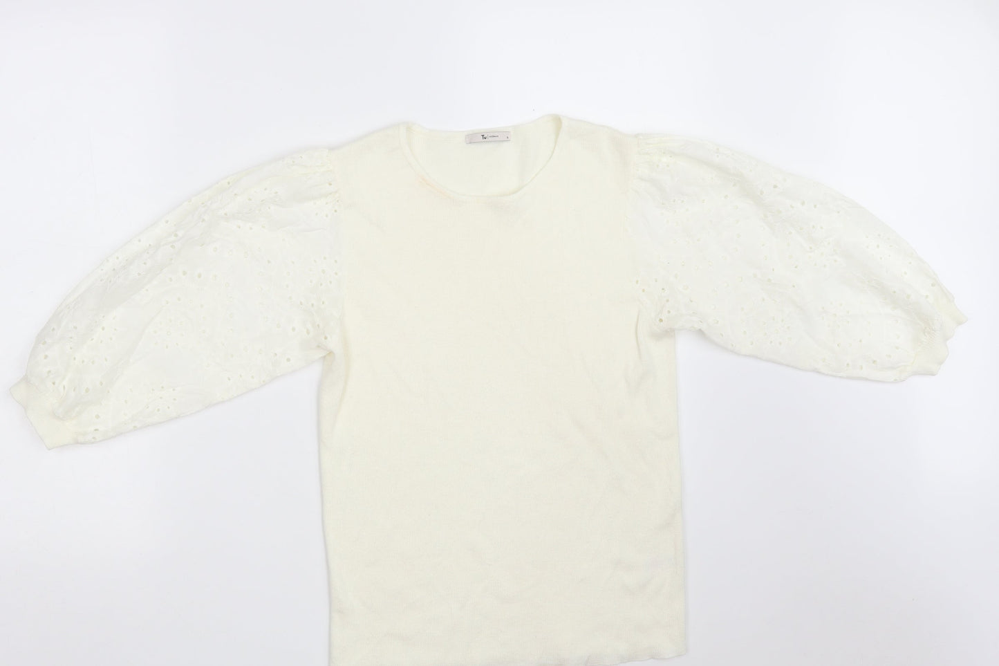 TU Womens Ivory Round Neck Floral Cotton Pullover Jumper Size 10