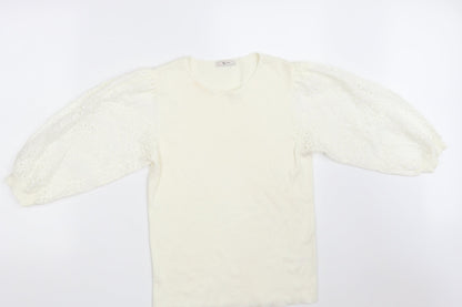 TU Womens Ivory Round Neck Floral Cotton Pullover Jumper Size 10