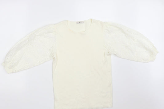 TU Womens Ivory Round Neck Floral Cotton Pullover Jumper Size 10