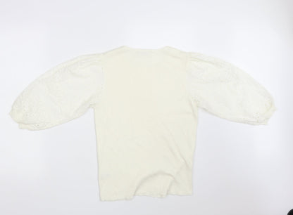 TU Womens Ivory Round Neck Floral Cotton Pullover Jumper Size 10