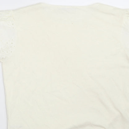 TU Womens Ivory Round Neck Floral Cotton Pullover Jumper Size 10