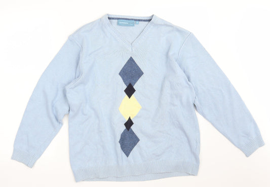 Greenwoods Escape Mens Blue V-Neck Argyle/Diamond Acrylic Pullover Jumper Size M