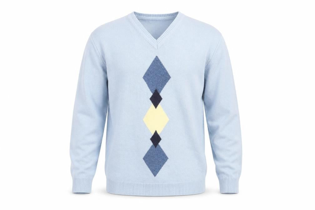 Front view of Greenwoods Escape men’s blue v-neck argyle/diamond acrylic jumper, size M