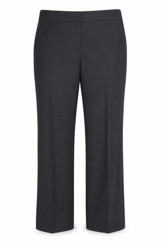 Front view of Marks & Spencer women’s grey polyester dress pants trousers, size UK 12, 27-inch leg regular - short