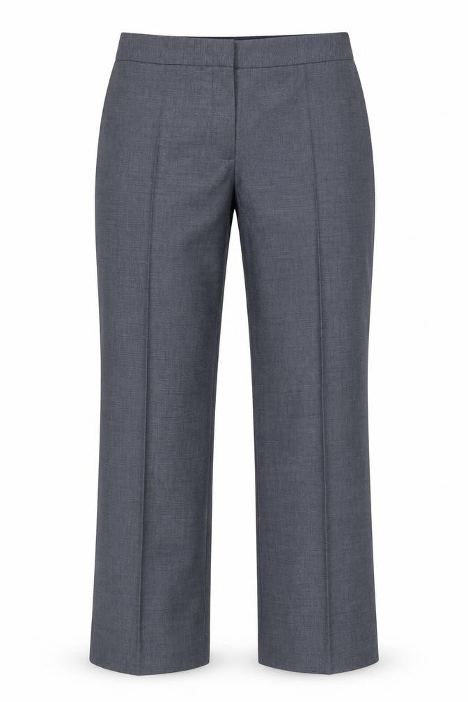 Front view of Marks & Spencer women’s blue polyester dress pants trousers, size UK 16, 27-inch leg regular - short