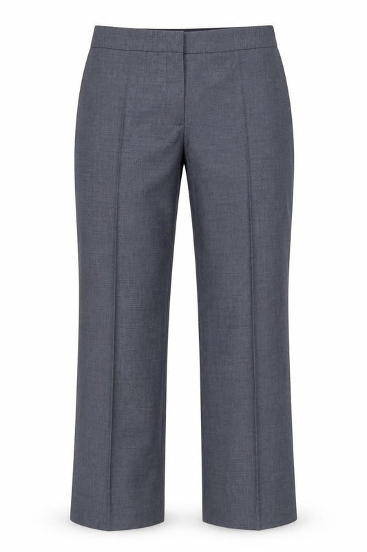 Front view of Marks & Spencer women’s blue polyester dress pants trousers, size UK 16, 27-inch leg regular - short