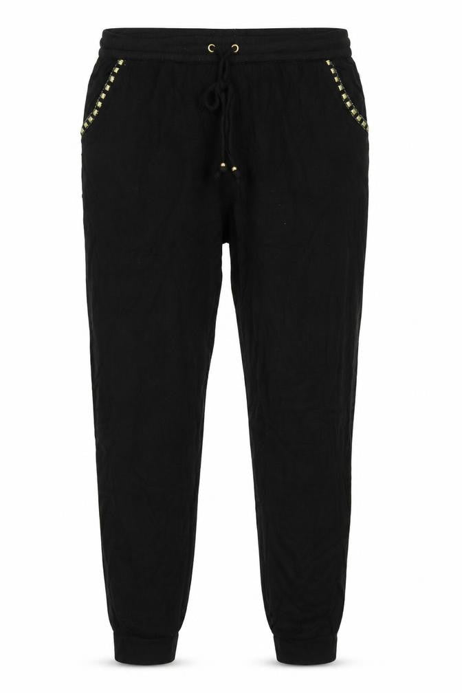 Front view of F&F women’s black viscose trousers, size UK 14, 27-inch leg regular