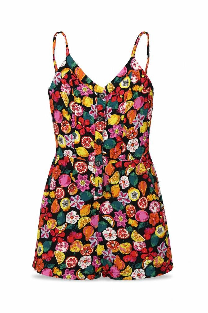 Front view of Pimkie women’s multicoloured geometric viscose playsuit one-piece, size UK 6, button - fruit print