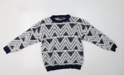 Best Live Womens Blue Crew Neck Geometric Acrylic Pullover Jumper Size S