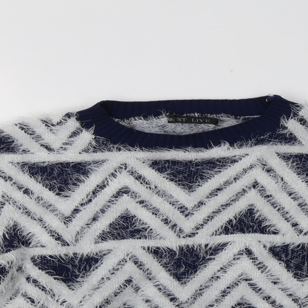 Best Live Womens Blue Crew Neck Geometric Acrylic Pullover Jumper Size S