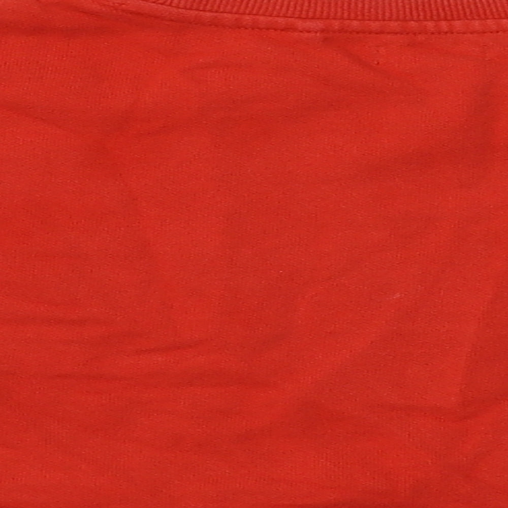 Brand and care label for Next girls’ red polyester pullover sweatshirt, size 4, years - star
