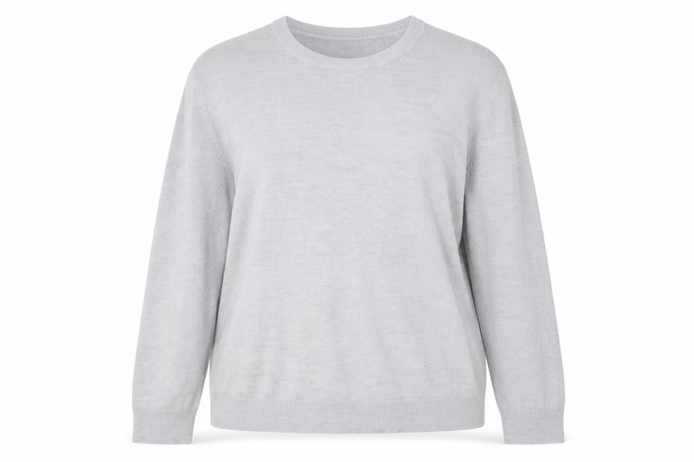Front view of M&D women’s grey round neck acrylic jumper, size UK 16