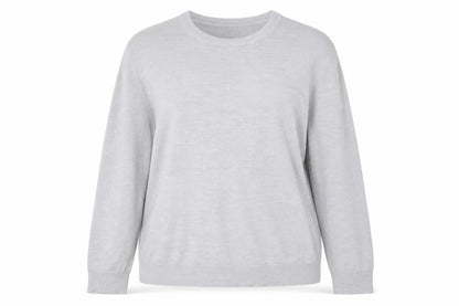Front view of M&D women’s grey round neck acrylic jumper, size UK 16