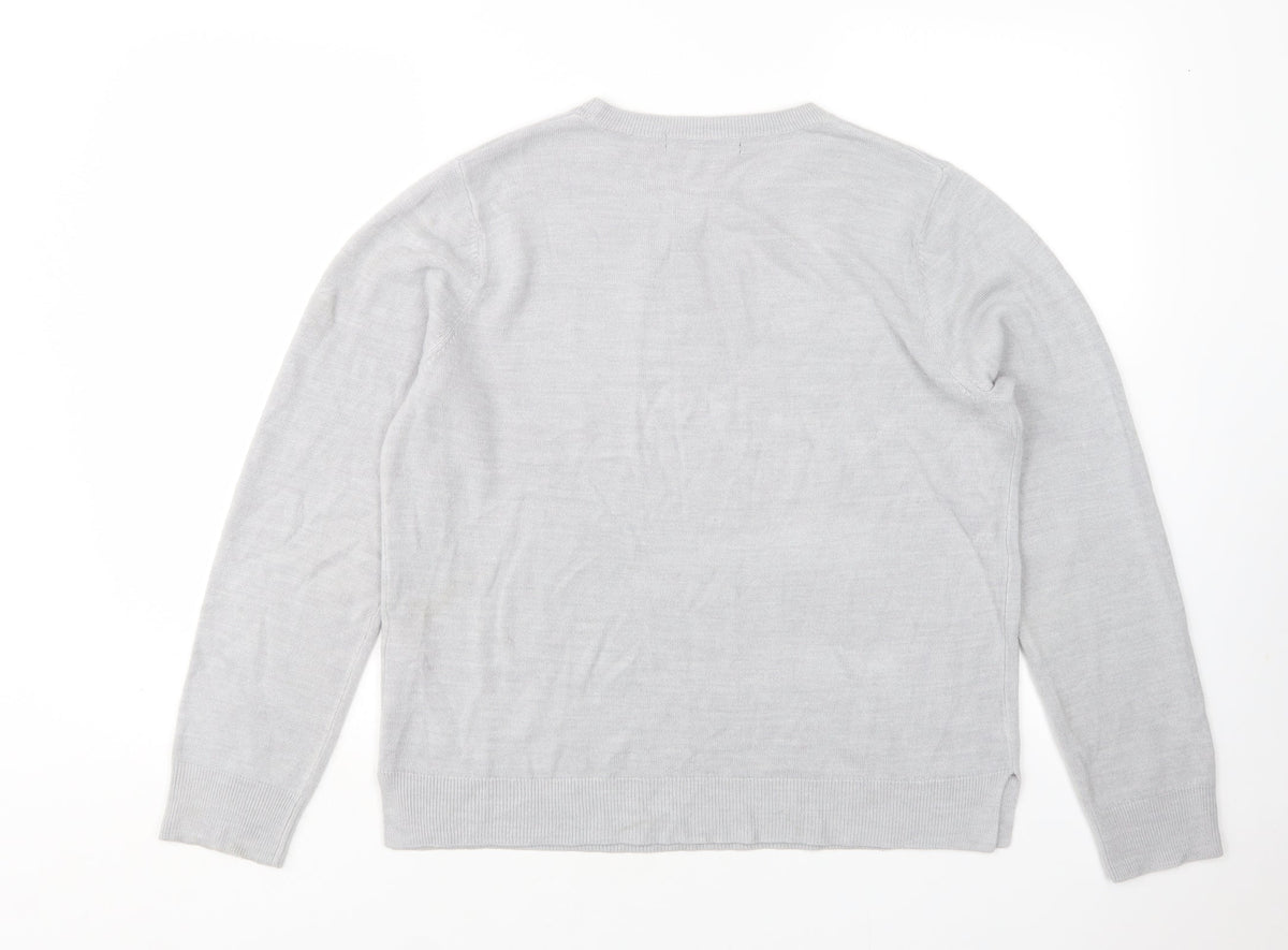 Back view of M&D women’s grey round neck acrylic jumper, size UK 16