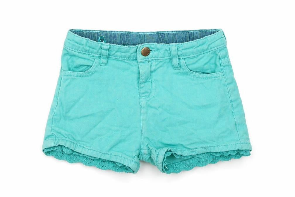 Front view of John Lewis girls’ green cotton bermuda shorts, size 5, years regular