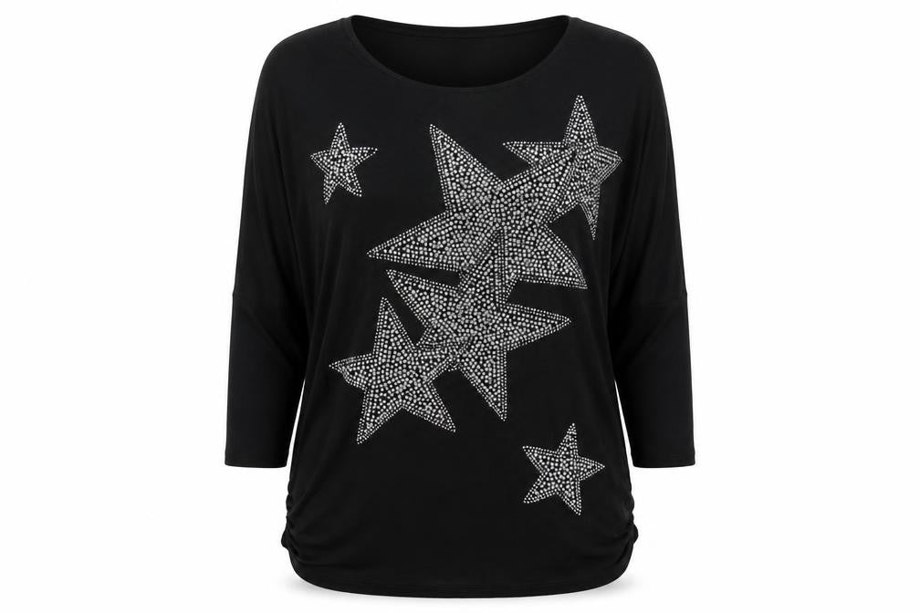 Front view of H Johns women’s black viscose basic t-shirt, size M, round neck