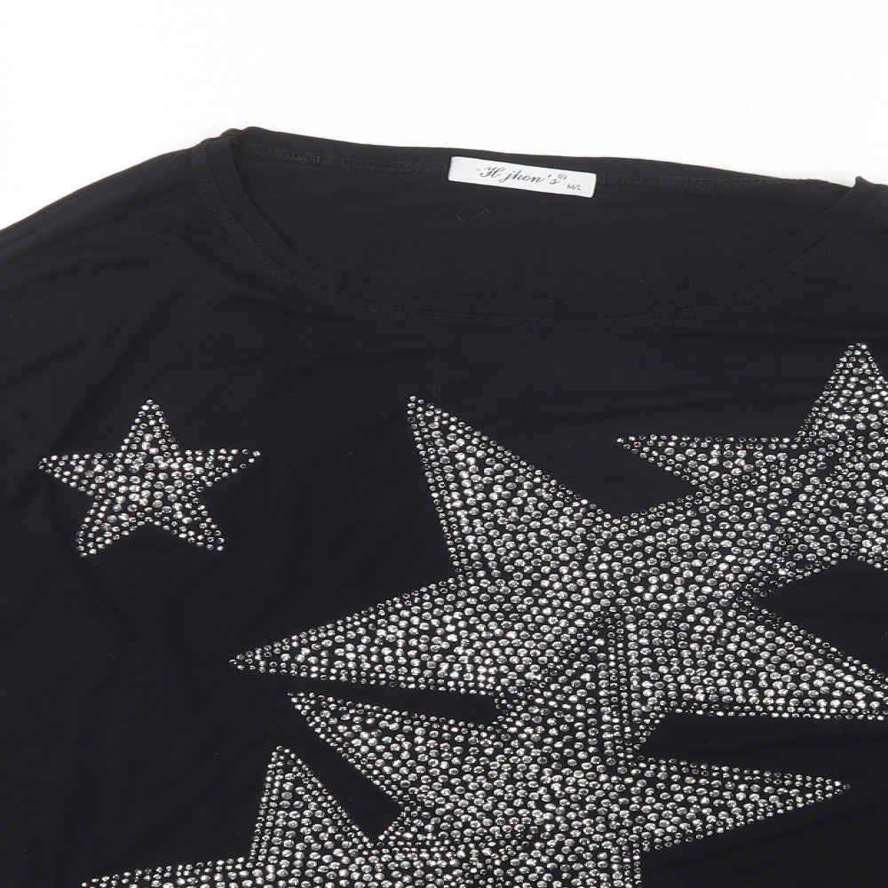 Close-up detail of H Johns women’s black viscose basic t-shirt, size M, round neck