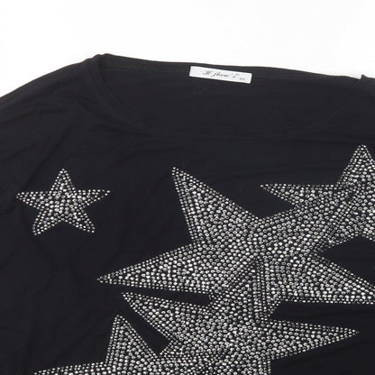 Close-up detail of H Johns women’s black viscose basic t-shirt, size M, round neck