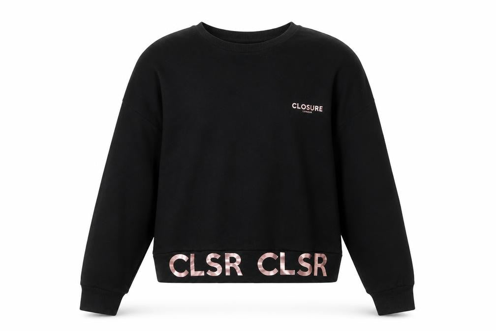 Front view of Closure women’s black round neck cotton jumper, size UK 10