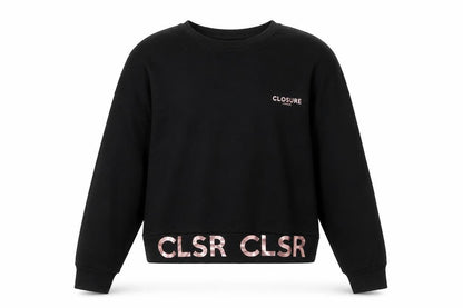 Front view of Closure women’s black round neck cotton jumper, size UK 10