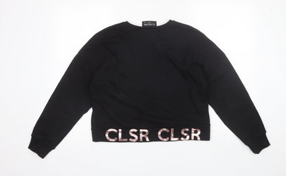 Back view of Closure women’s black round neck cotton jumper, size UK 10
