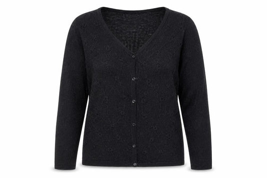 Front view of Soon women’s black v-neck viscose cardigan jumper, size S
