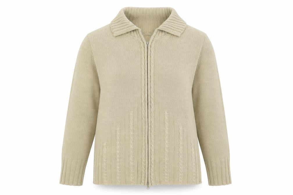 Front view of Nathalie Andersen women’s beige collared acrylic full zip jumper, size L