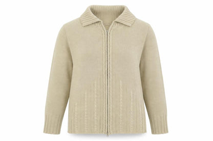 Front view of Nathalie Andersen women’s beige collared acrylic full zip jumper, size L