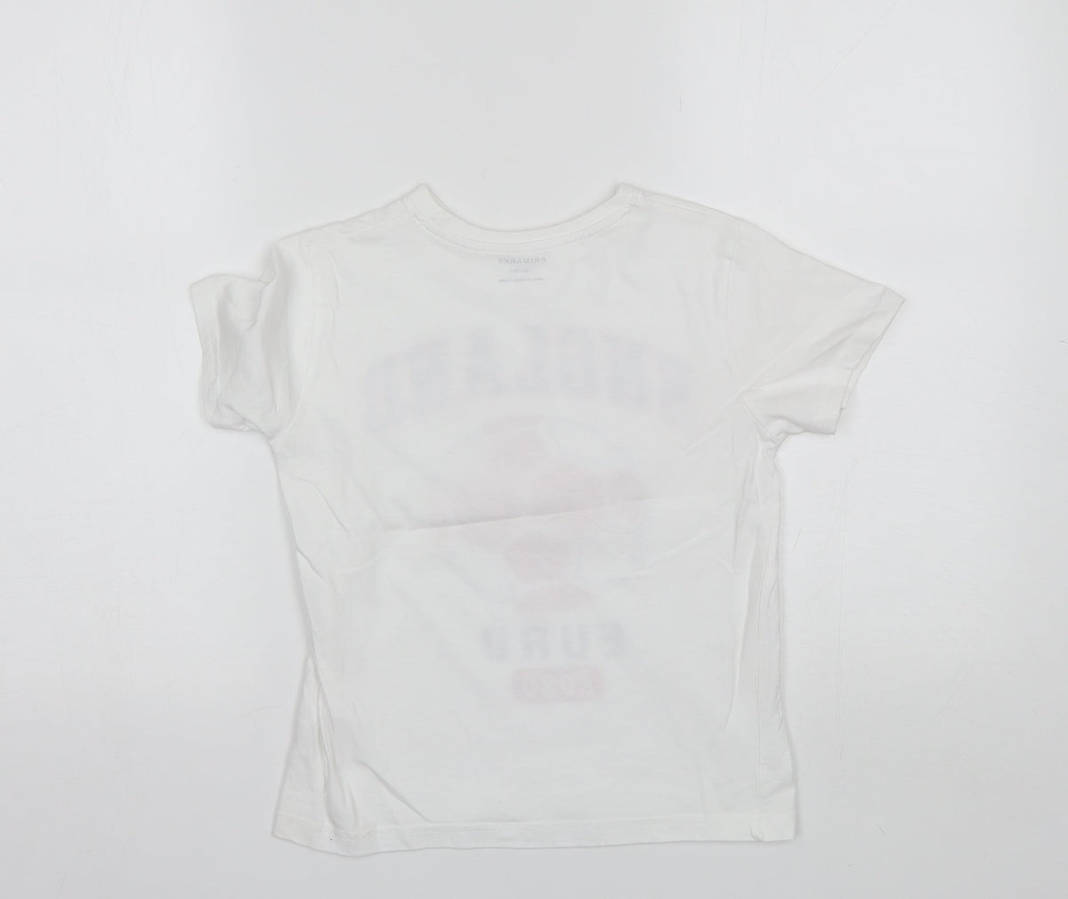 Back view of Primark boys’ white cotton basic t-shirt, size 7-8, years round neck
