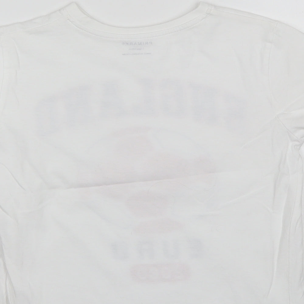 Brand and care label for Primark boys’ white cotton basic t-shirt, size 7-8, years round neck